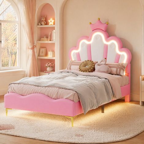 Lit 90x200 princesse LED, tête de lit couronne PU rose HAVRYA (1/5)