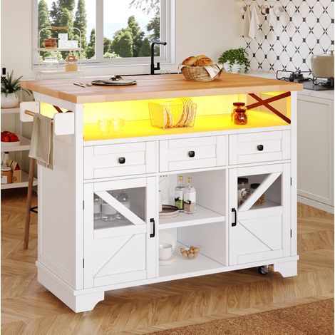 Desserte de cuisine 120x71x98 cm blanche en MDF avec éclairage LED, plateau rabattable et rangement (1/5)