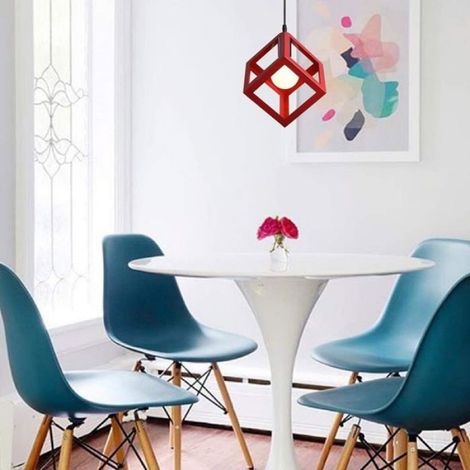 Suspension cube moderne, lampe suspendue géométrique en métal, plafonnier E27 pour chambre, salon, restaurant, 16 cm, rouge (1/4)
