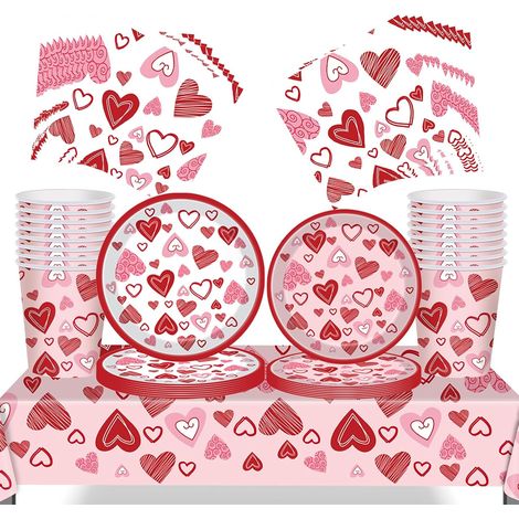 Lot de 69 nappes en carton pour Saint-Valentin, fête des mères, fête de mariage - Assiettes en carton de 17,8 cm et 22,9 cm - Décorations de table de fête - Motif cœur rouge (1/5)