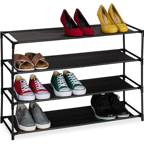 Relaxdays Scarpiera da Ingresso e Corridoio, Portascarpe in Metallo e 4 Ripiani in Tessuto, Scaffale Porta Scarpe, Nero