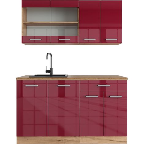 Cocina versátil R-Line, Burdeos brillo intenso/roble dorado, 140 cm , ET Roble, Vicco