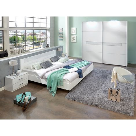 Chambre adulte en panneaux de particules coloris blanc, rechampis verre blanc + chrome - Dim : 160 x 200 cm - PEGANE - (1/2)