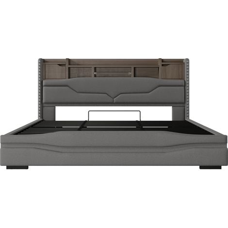 Lit coffre capitonné gris 180x200 cm avec LED, USB et rangement hydraulique HOMVRA (1/5)