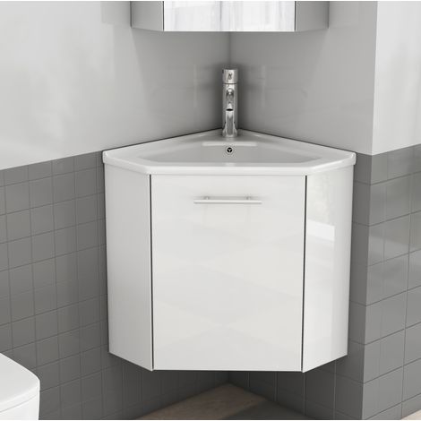 Mobile angolare da bagno bianco lucido con lavabo in ceramica, paraspruzzi, preassemblato, in MDF (1/5)