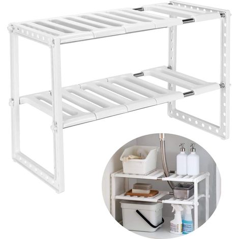 Storage Shelf - Center Non Separable - for Kitchen Bathroom Bedroom Living Room Sink - Adjustable in Height and Length - Load Capacity 15 kg (White)