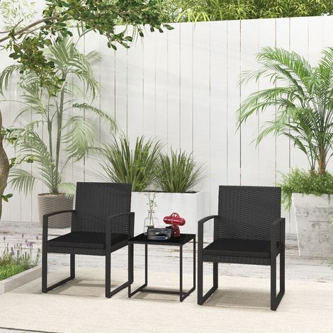 Set di mobili da giardino in rattan sintetico, composto da 1 tavolo e 2 sedie da patio con cuscini e braccioli, colore nero. (1/5)