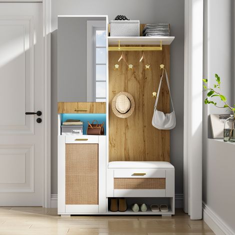 Garde-Robe Entrée 110x38x190 cm avec Miroir, Banc, Porte-Manteaux, LED 16 Couleurs et Rangement Chaussures, Design Rotin Blanc et Bois (1/5)