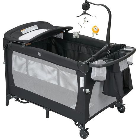 Berceau pour bébé, Surface de jeu multifonctionnelle, Rangement pratique, noir (1/2)
