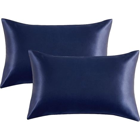 Taie d'oreiller en satin pour cheveux et peau, lot de 2 taies en soie, fermeture enveloppe, taille Queen 50x66 cm, bleu marine, douces et flexibles (1/4)