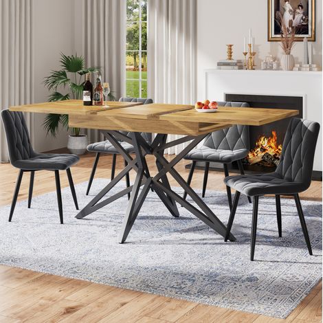 REDOM conjunto de comedor 120/160x80x66.1 cm, mesa extensible y 4 sillas, MDF, metal, nogal y gris oscuro (1/5)
