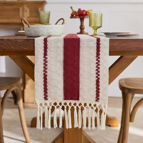 Rouge 30x160cm Chemin de table en coton vert à pompons, motif ajouré noué, nappe de cuisine de style campagnard. (1/5)