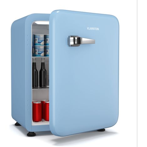 Klarstein Audrey Evo 68L Retro Mini Kühlschrank - Leise 40 dB, Kompakter Kühlschrank Klein mit Verstellbaren Füßen, Wendetür, Mechanischem Thermostat, Blau, Ideal für Schlafzimmer und Büros