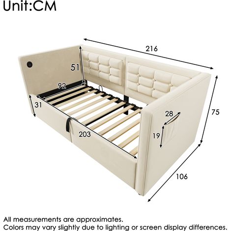 Canapé-lit rembourré 90×200cm beige velours,hydraulique rangement,USB+Type-C,base lattes bois,lit invité sans matelas (1/5)