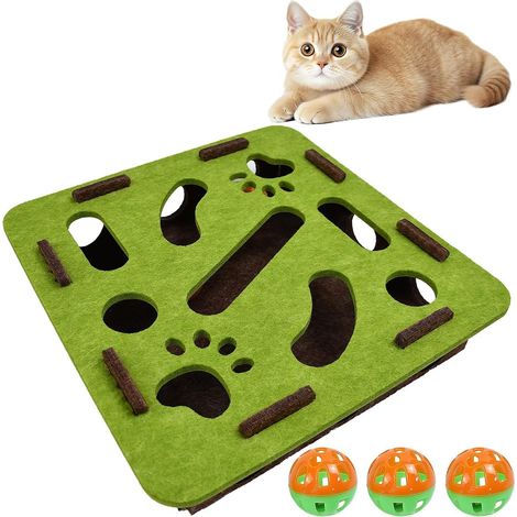 Felt Cat Maze Toy Green/Brown - 30 x 30 x 7 cm with 3 Balls, Bells, Scratching Box, Interactive Felt Puzzle, Interactive Window for Cats and Kittens (1/5)