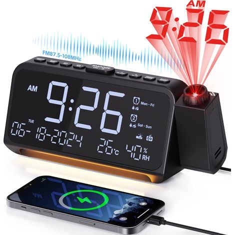 Radio Réveil Projecteur de Plafond, avec Projecteur Pivotant à 320°, Mode Jours Ouvrables/Week-End, 2 Alarmes, Chargeur USB de Type C, FM, Variateur d'intensité, Température, Snooze, 12/24H (1/5)