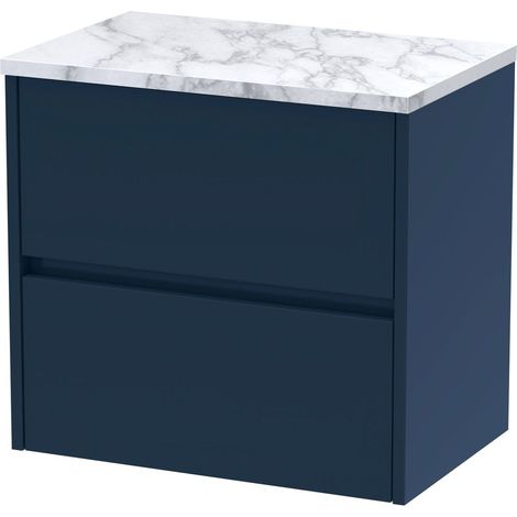 Chartley Contemporary 2 Drawer Wall Hung Vanity Unit with Laminate Worktop, Midnight Blue, 600mm