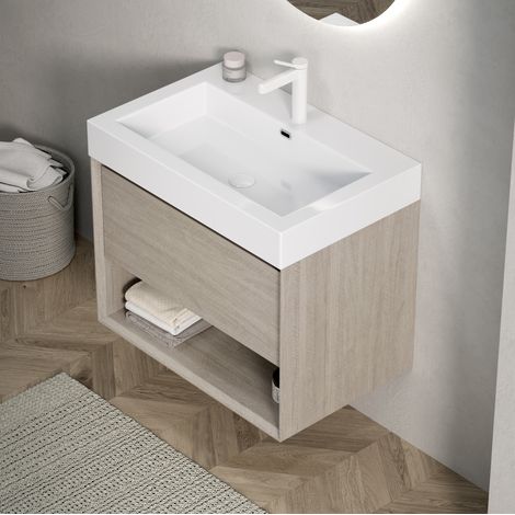 70cm Wandmontie Badezimmer-Waschtisch mit weißem Rechteckigem Resin-Integralbecken, Sperrholz Schrank mit eine Schublade und ein Offenes Regal, Vormontiert, Eiche Hell Holzmaserung Farbe (1/5)
