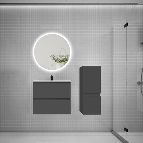 Ensemble meuble vasque L.60cm 2 tiroirs + lavabo + LED miroir rond 70cm + colonne,anthracite (1/5)