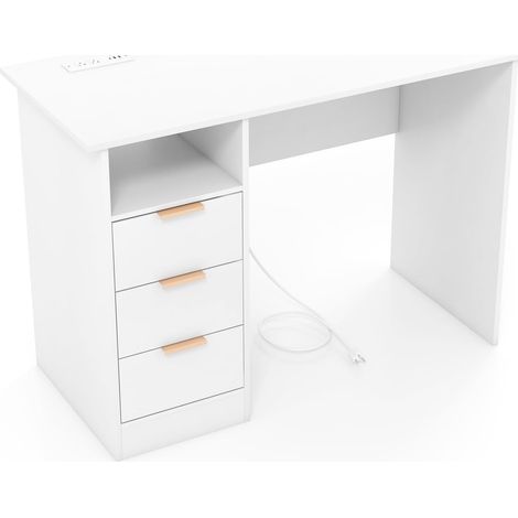 COSTWAY Scrivania con 3 Cassetti, Scrivania Bianco con Stazione di Ricarica e Mensola Aperta, Postazione da Lavoro PC per Camera da Letto, Studio e Ufficio, 108 x 48 x 76 cm (1/5)