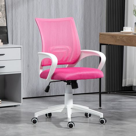 Sedia da ufficio girevole in rete con altezza regolabile, funzione di inclinazione e braccioli, portata massima 120 kg, colore rosa.