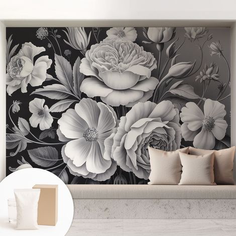 Papier peint intissé décoratif pour chambre et salon Design moderne à poser facilement - Colle incluse gratuite Fleurs grises 208x146 cm (1/5)
