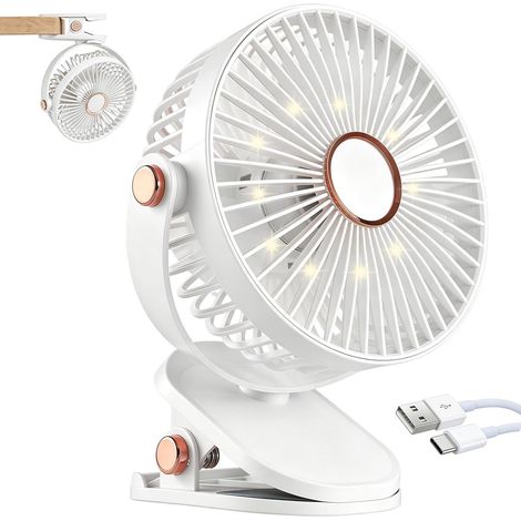 Ulisem - Ventilatore a morsetto - Batteria ricaricabile da 4000 mAh - 5 velocità - Con illuminazione a LED - Copertura sicura per bambini - Adatto per campeggio ed escursionismo - Bianco (1/5)