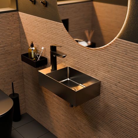 Ceramia – Lave mains suspendu en acier inoxydable 304 – Dimensions 40x22x11cm – Finition gun métal brossé PVD – Installation murale (1/4)
