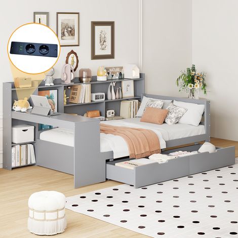 Letto multifunzione grigio con scrivania in legno 245,5×114,5×100 cm senza materasso - MEUBLIV (1/5)