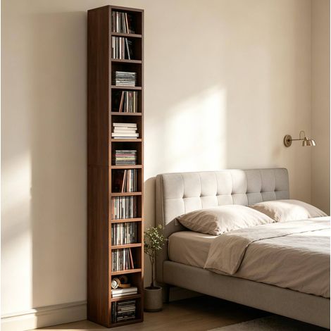 Meuble CD colonne 12 niveaux, tour de rangement multimédia marron en MDF et panneau de particules, capacité 204 CD, format étroit 21 x 20 x 175 cm - CHICFURN (1/5)