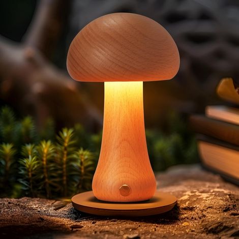 RHG Veilleuse en bois en forme de champignon, chargeur de lampe de chevet LED USB, veilleuse pour enfants de 3 W, luminosité réglable