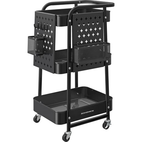 Chariot de Rangement, 3 Plateaux en Maille Métallique, 2 Panneaux Perforés Amovibles, 2 Supports Suspendus, 4 Crochets, pour Bureau, Cuisine, Salon, Salle de Bain, Noir d’Encre (1/4)
