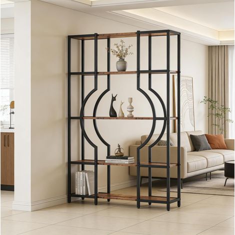 Libreria aperta a 5 livelli stile vintage in metallo e legno, nero e marrone rustico DESVIAE (1/5)