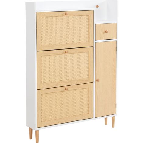Meuble à chaussures en bois MDF et bois massif avec 3 portes à abattant et 1 tiroir – design compact naturel – 90 x 17 x 125 cm (1/5)