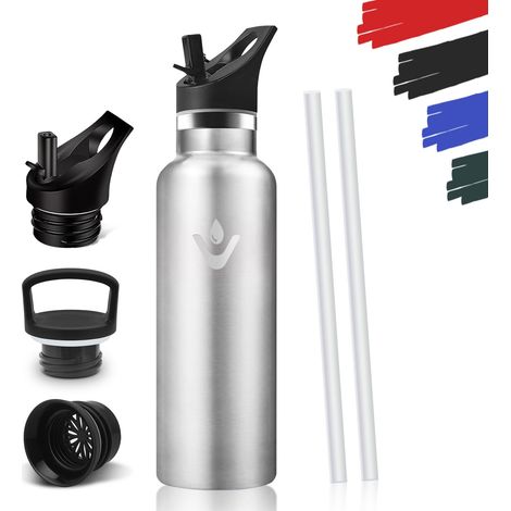 Gourde Enfant 500Ml, sans BPA, Bouteille Isotherme, Double Paroi Étanche, Gourde Avec Paille, Réutilisable, Bouteille Isotherme Pour Le Camping, Les Écoles, Les Gymnases, Isotherme - Inox (1/5)