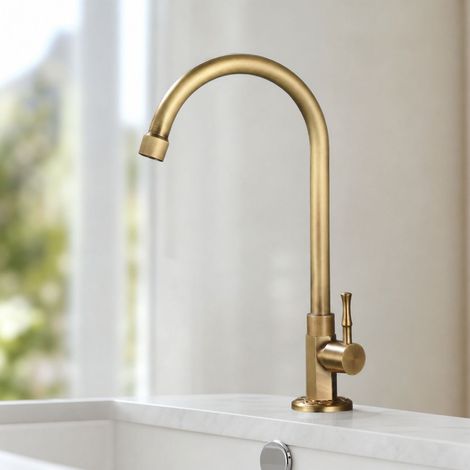 Robinet mitigeur rétro en laiton massif, bec plat unique, avec flexible inox 80cm, hauteur 30cm, pour cuisine ou salle de bain (1/5)