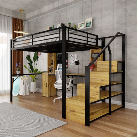 Cama alta 140 x 200 cm con escritorio, almacenaje, escalera y USB negra HAVRYA (1/5)