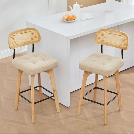 MODFU – Lot 2 tabourets bar pivotants 360° chenille – Dossier rotin tressé et repose-pieds – Mousse haute densité et base renforcée – Charge 150 kg – Kaki (1/5)