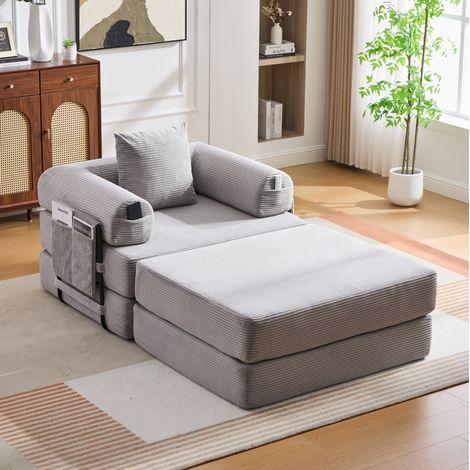 Canapé modulare in velluto a coste grigio chiaro con pouf, 112x190x67 cm, design ergonomico senza montaggio (1/5)