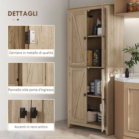 Armoire mobile de cuisine en bois avec 4 portes, étagères réglables et piètement surélevé, 80x40x182 cm (1/5)