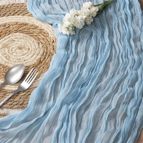 Chemin de table en mousseline bleue, 305 cm (10 pieds), style bohème rustique, idéal pour mariage, baby shower, enterrement de vie de jeune fille, jupe de table ou centre de table. (1/5)