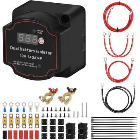 Kit isolateur de batterie double 12 V 140 A avec câble de 2 m, IP67, relais sensible à la tension automatique et manuel pour caravane, camping-car, SUV et bateau
