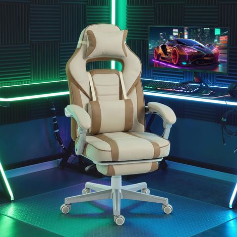 Sedia da gaming reclinabile con altezza regolabile, poggiapiedi retrattile, supporto lombare e poggiatesta rimovibile - Crema