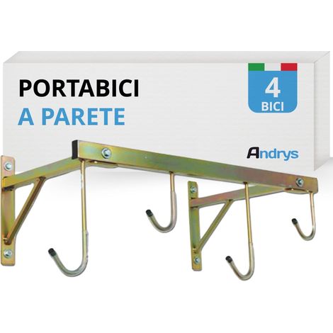 ANDRYS - Porta Biciclette a Parete Smontabile, con Staffa di Fissaggio e Tubo Frontale, con Viti e Tappi in Pvc Neri, in Acciaio Zincato, Colore Tropical Oro, 78 x 37 x 28 cm, 4 Posti