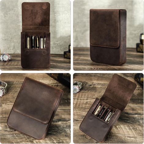 Organiseur en cuir pleine fleur véritable pour 6 stylos/crayons, design vintage minimaliste, fait main, fermeture magnétique avec tiroir, cadeau pour hommes/femmes/bureau, couleur café mat, 6 comparti (1/3)