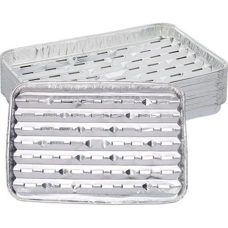 Barquettes alimentaires, Lot de 25, fond troué, max. 260°C, barbecue, L x P : 34 x 22 cm, aluminium, argenté (1/5)