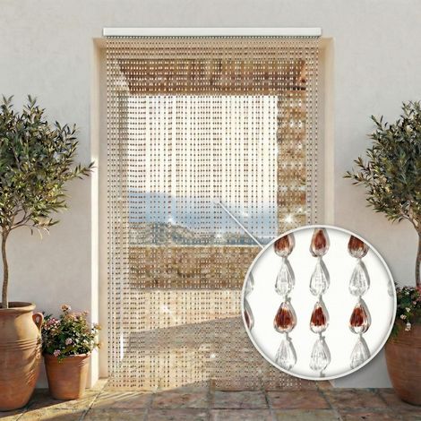 Tenda a Fili con Perline a Goccia Trasparenti e Marroni per Porta e Finestra - Asta PVC, Fili in Poliestere Cm. 100x220