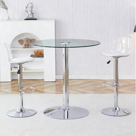 Tavolo bar rotondo in vetro 89 cm con 2 sgabelli regolabili e girevoli, argento (1/5)