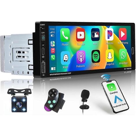Autoradio 1 DIN avec écran tactile 6,9 pouces, compatible Android Auto, Bluetooth, Mirror Link, FM, micro et commandes au volant. (1/5)
