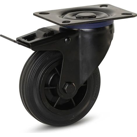 Roulette pivotante freinée - MESO - Caoutchouc noir - Platine - 100mm - 75kg